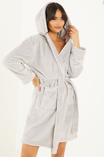 Grey Hooded Fleece Robe